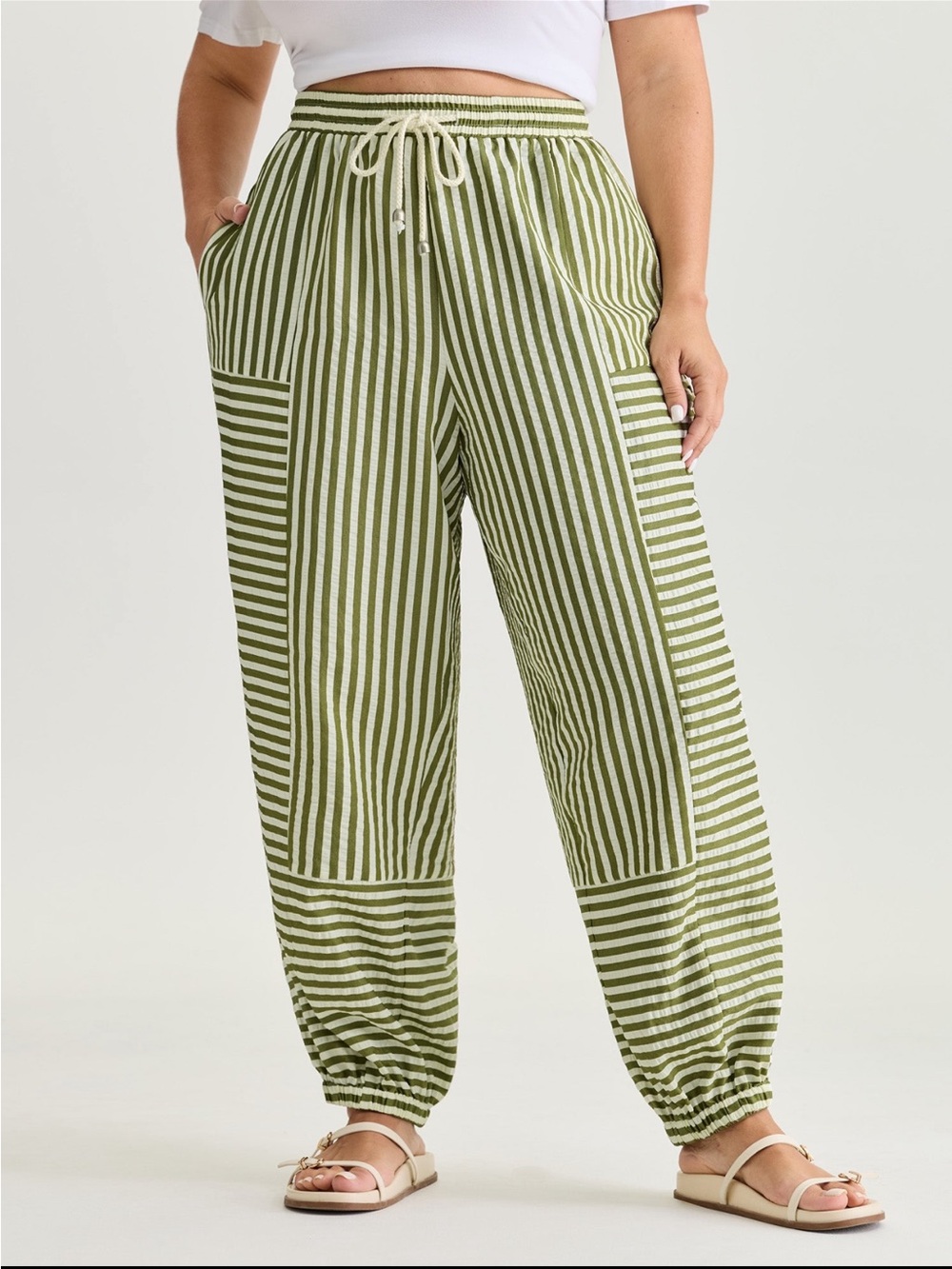 BloomChic Striped Olive Green Drawstring Jogger Pants size 1X(14-16) - Picture 2 of 16